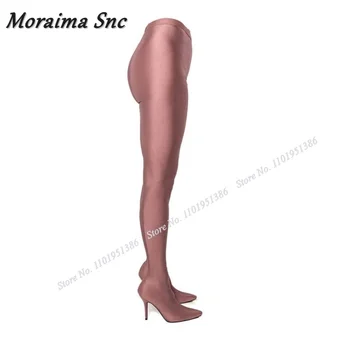 Moraima Snc Roman Kahverengi Elastik Bant Pantolon Çizmeler Diz Üzerinde Sivri Burun Stiletto ayakkabılar Kadınlar ıçin Yüksek Topuk Zapatillas Mujer