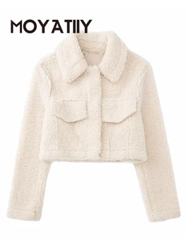MOYATIIY Kadın Moda Ceket Ceket Flep ıle Kalın Sıcak Polar Mahsul Palto Vintage Uzun Kollu Teddy Paltolar Tops