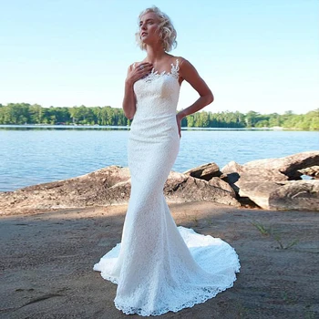 Narin Dantel Sheer Jewel Boyun Çizgisi Mermaid düğün elbisesi Kristaller ile Plaj Dantel Gelin Elbise robe de mariee princesse de luxe