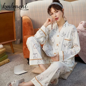 Pijama Pamuk Gecelik Kız Gevşek Uzun Kollu Bahar Sonbahar Pijama Hırka Rüzgar Pijama Dışında Giyebilir Set 2 Parça