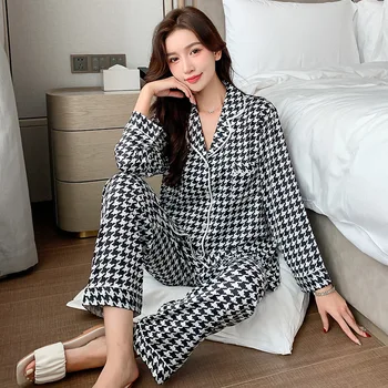QWEEK Balıksırtı Pijama Kadın Ipek Sonbahar Pijama Rahat Pijama yatak odası takımı Parça Loungewear Zarif Pijama Uzun Kollu Pjs