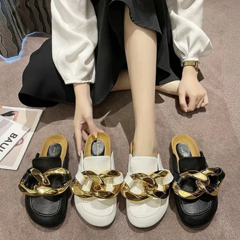 Sandalet Marka Tasarlanmış kadın Terlik Moda Büyük Altın Zincir Ayakkabı Mul Yuvarlak Ayak Düz Topuk Rahat Ayakkabılar 42