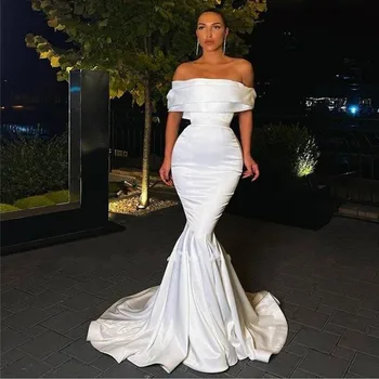 Seksi Saten Balo Resmi Elbise Dubai 2023 Beyaz Mermaid Kapalı Omuz Akşam Parti Kıyafeti Özel Vestidos Longo Robe Soiree