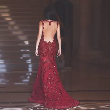 Seksi Spagetti Kayışı Tül Mermaid balo kıyafetleri 2020 Dantel Boncuklu Uzun Kırmızı Gece elbisesi Mahkemesi Tren Backless balo elbisesi