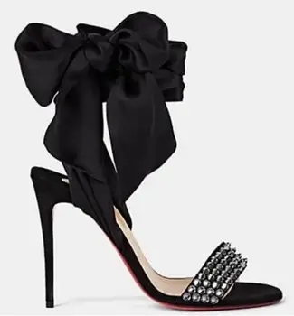 Siyah Mor Kristal Başak Ayak Bileği Lace Up papyon Ince Yüksek Topuk Pist Moda Kadın Elbise Ayakkabı Burnu açık Stiletto topuklu sandalet