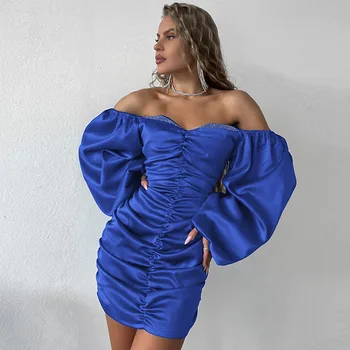 Straplez Parti Elbise Kadınlar için Seksi Backless Kat Bodycon Mini Elbise 2022 Bayan Mavi Uzun Kollu Noel Kış giyim