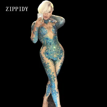 Sıska Mavi Kristaller Tulum Kadın Şarkıcı Dansçı Taşlar Kostüm Tek parça Bodysuit Gece Kulübü Kıyafet Parti Tayt
