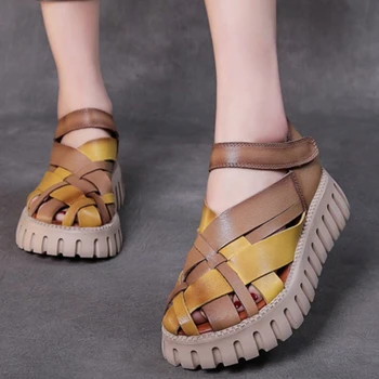 Tasarımcı Marka Kadın Retro Sandalet Yaz El Yapımı Örgü Sandalet Hakiki Deri Gladyatör Slaytlar Bayanlar Takozlar platform ayakkabılar