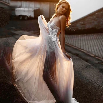 Verngo Seksi Plaj düğün elbisesi Bir Omuz Sevgiliye Aplike Tül Bir Çizgi Gelin Elbise Yüksek Bölünmüş uzun elbise Vestidos