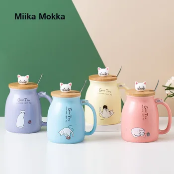 Yaratıcı kedi kupa kahve kupa seramik kupalar ısıya dayanıklı karikatür kapaklı 450 ml Fincan yavru çocuk fincan ofis Drinkware hediye