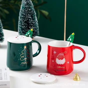 Yaratıcı Noel Kahve Kupa Seramik Kupa Sevimli Karikatür Kardan Adam Santa Geyik kapaklı ve Kaşıklı süt kupası Cuople kahve fincanları bardak