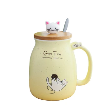 Yaratıcı renk kedi ısıya dayanıklı Kupa karikatür kapaklı 450 ml fincan yavru kahve seramik kupalar çocuk fincan ofis Drinkware hediye