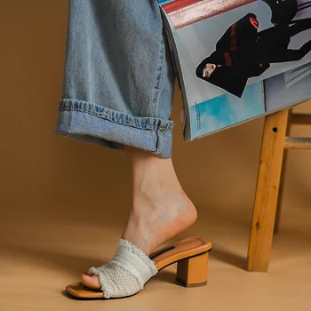 Yaz Ayakkabı Kadın Zarif Örgü Pompaları Fransız Tarzı Vintage Terlik Kalın Kare Topuklu 5.5 CM Bayanlar Sandalet Burnu açık