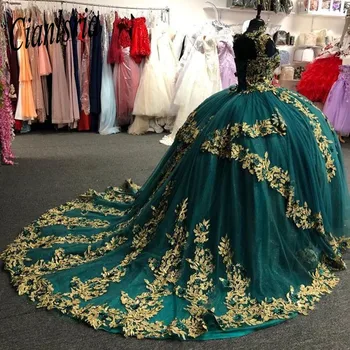 Yeşil Quinceanera elbise Balo Saten Örgün Parti Elbiseler De Soirée Lüks Tatlı 18 Zarif Prenses Pageant Uzun Balo Elbise
