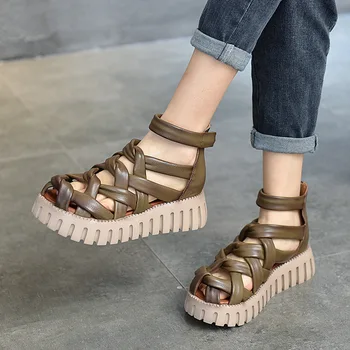 YourSeason Kadınlar 2022 Kalın Tabanlı Rahat El Yapımı Sandalet Orta Topuk Hakiki Deri Bayan Nefes Vintage Bayan Ayakkabıları