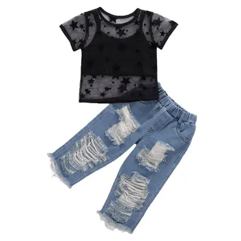 Yürüyor Çocuk Giyim Bebek Kız Yelek Tank Top Ripped Denim Şort Etekler Giyim Giyim Seti (Siyah Örgü + Yelek Üst, 2-3 Yıl) 