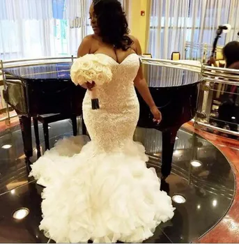 Zarif Dantel Nakış Gelinlikler Afrika Saf Beyaz Mermaid düğün elbisesi Marka Artı boyutu evlilik düğün elbisesi