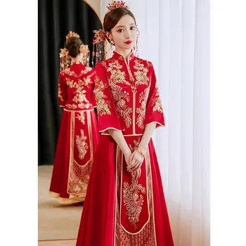 Zarif Sequins Phoenix Boncuk Nakış Cheongsam Gelin düğün elbisesi Çin Tarzı Evlilik Kostüm