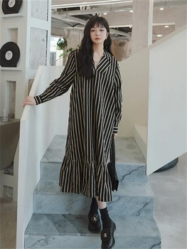 Çizgili elbise Kadınlar için 2022 Sonbahar Vintage Zarif Uzun Kollu V Yaka Psliced Ruffles Casual Gevşek Kore Tarzı Maxi Elbiseler K38