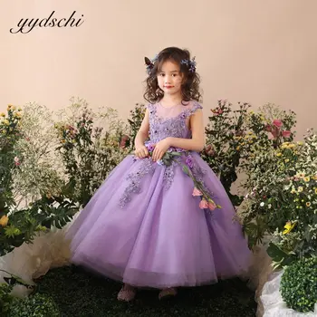 Çiçek Kız Elbise Düğün İçin Boncuklu Tül Aplikler 2022 Prenses Uzun Kabarık Doğum Günü Partisi balo kıyafetleri Çocuk Abiye giyim