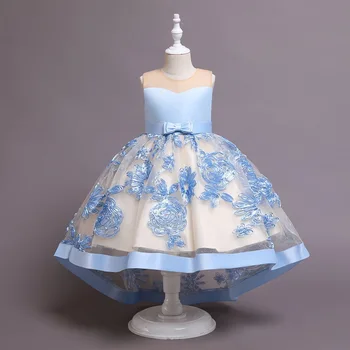 Çiçek Kız Elbise Mavi Römork Kabarık Hi-Lo Düğün parti Törenlerinde 2023 Kız Balo İlk Communion Nakış Akşam Elbise