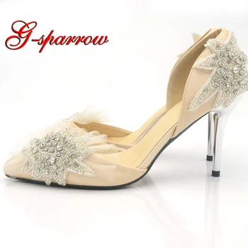 Şampanya Saten Düğün Ayakkabı El Yapımı Sivri Burun Denizyıldızı Kristal Parti Balo Ayakkabı Kadın Pompaları Anne Gelin Ayakkabıları