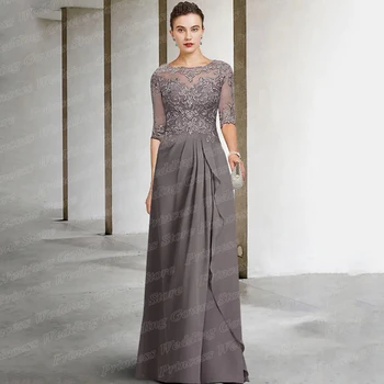 Şifon Anne gelinlik Düğün İçin Hafl Kollu Aplike Kat Uzunluk Konuk Parti Elbisesi Artı Boyutu Vestidos De Madrina